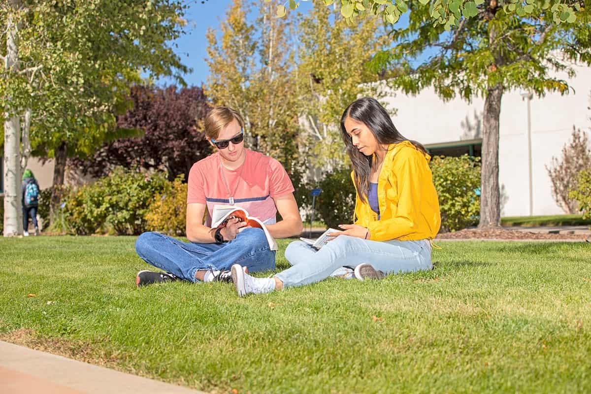 Student relax in the grass reading together